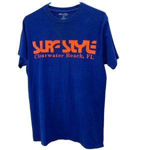 Surf Style T Shirt Clearwater Beach size M 100% Cotton Blue Neon Orange Graphic